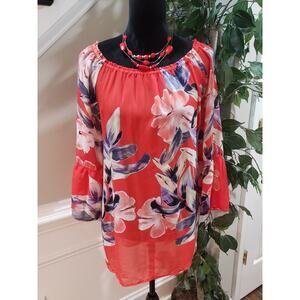 Collections Women Red Floral Polyester Round Neck Long Sleeve Top Blouse Size 3X